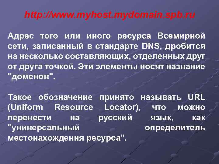 http: //www. myhost. mydomain. spb. ru Адрес того или иного ресурса Всемирной сети, записанный