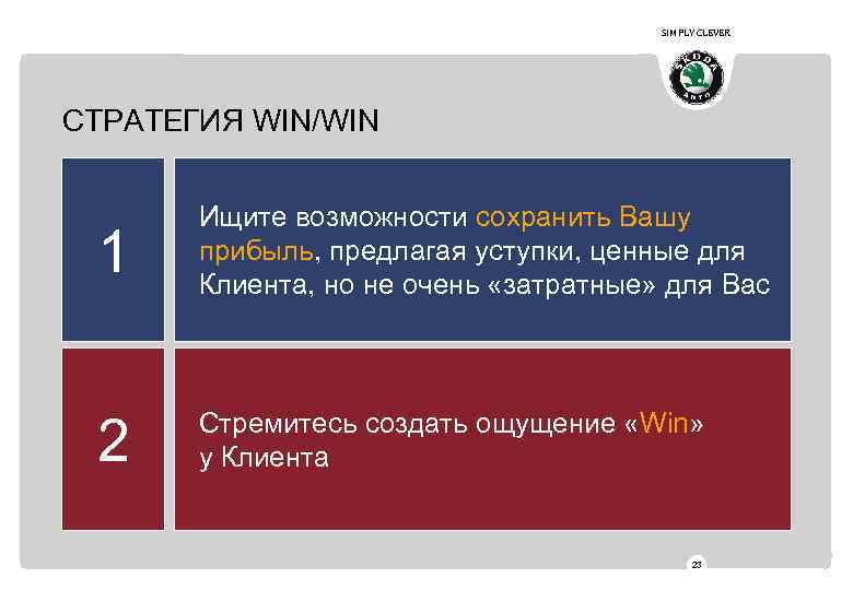 SIMPLY CLEVER СТРАТЕГИЯ WIN/WIN 1 Ищите возможности сохранить Вашу прибыль, предлагая уступки, ценные для