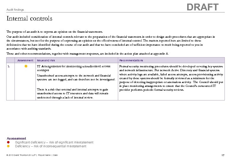 DRAFT Audit findings Internal controls The purpose of an audit is to express an