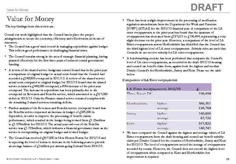 DRAFT Value for Money The key findings from this review are: Overall our work