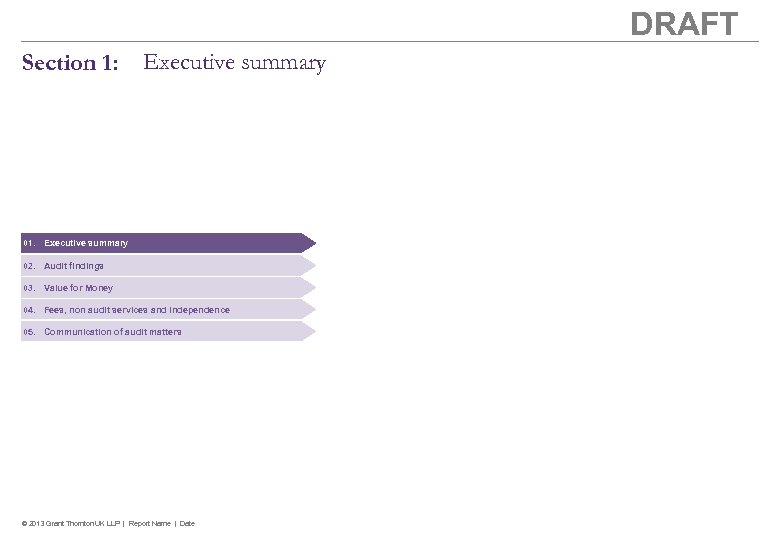 DRAFT Section 1: Executive summary 01. Executive summary 02. Audit findings 03. Value for