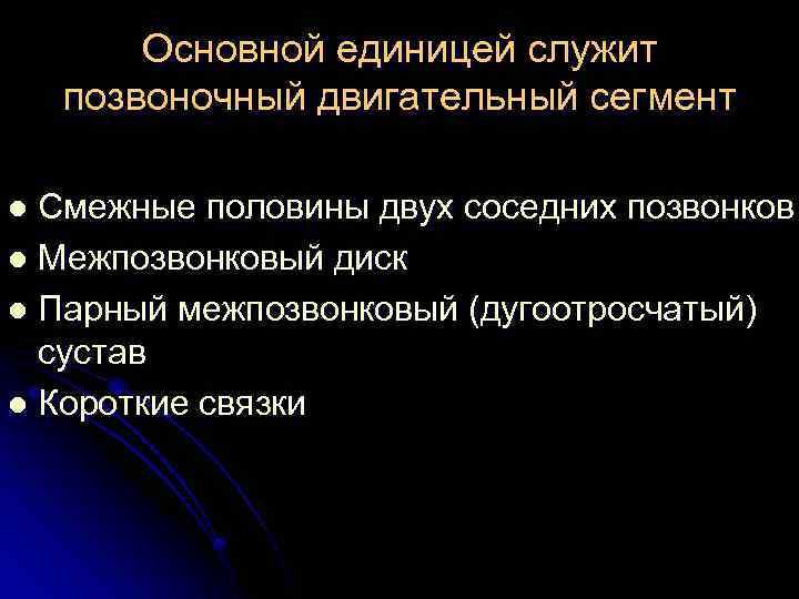 Основной единицей служит позвоночный двигательный сегмент Смежные половины двух соседних позвонков l Межпозвонковый диск