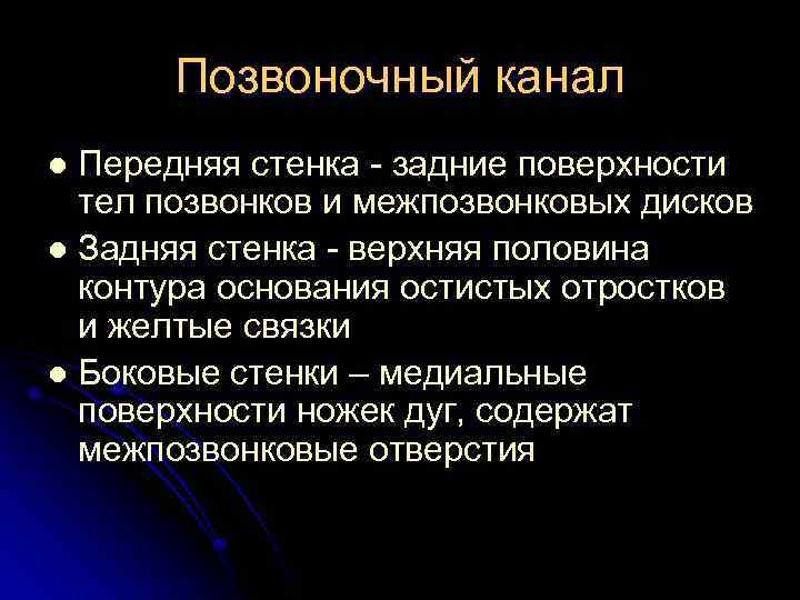 Позвоночный канал Передняя стенка задние поверхности тел позвонков и межпозвонковых дисков l Задняя стенка