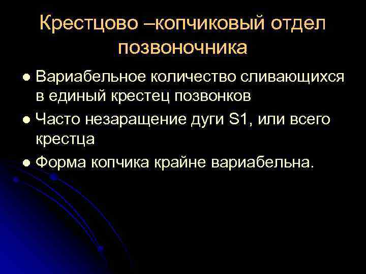 Крестцово –копчиковый отдел позвоночника Вариабельное количество сливающихся в единый крестец позвонков l Часто незаращение