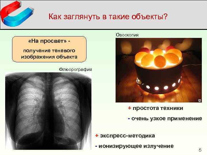 Как заглянуть в такие объекты? Овоскопия «На просвет» получение теневого изображения объекта Флюорография +