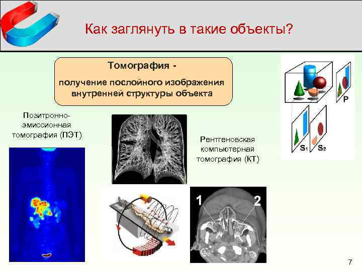 Как заглянуть в такие объекты? Томография получение послойного изображения внутренней структуры объекта Позитронноэмиссионная томография