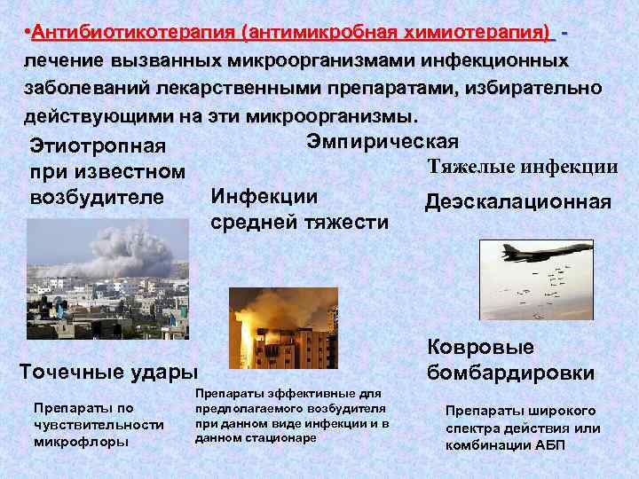  • Антибиотикотерапия (антимикробная химиотерапия) лечение вызванных микроорганизмами инфекционных заболеваний лекарственными препаратами, избирательно действующими