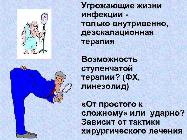 Угрожающие жизни инфекции только внутривенно, деэскалационная терапия Возможность ступенчатой терапии? (ФХ, линезолид) «От простого