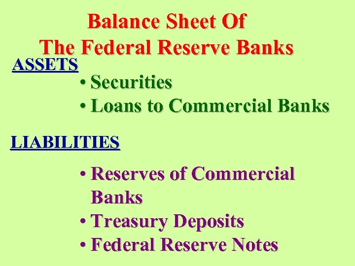 Balance Sheet Of The Federal Reserve Banks ASSETS • Securities • Loans to Commercial