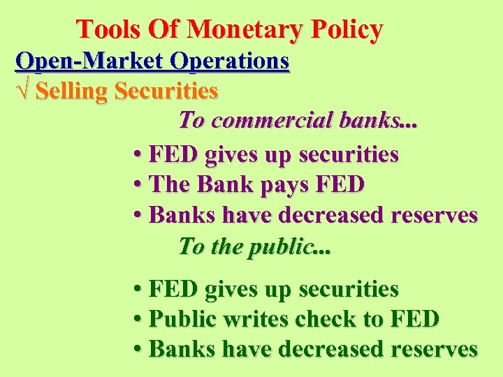 Tools Of Monetary Policy Open-Market Operations √ Selling Securities To commercial banks. . .