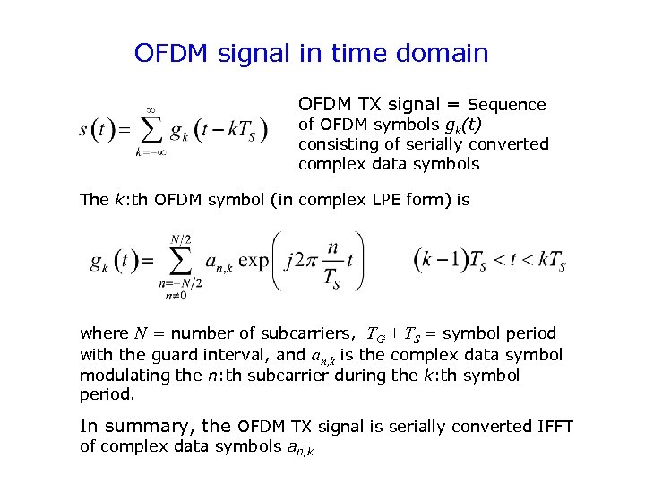 OFDM signal in time domain OFDM TX signal = Sequence of OFDM symbols gk(t)