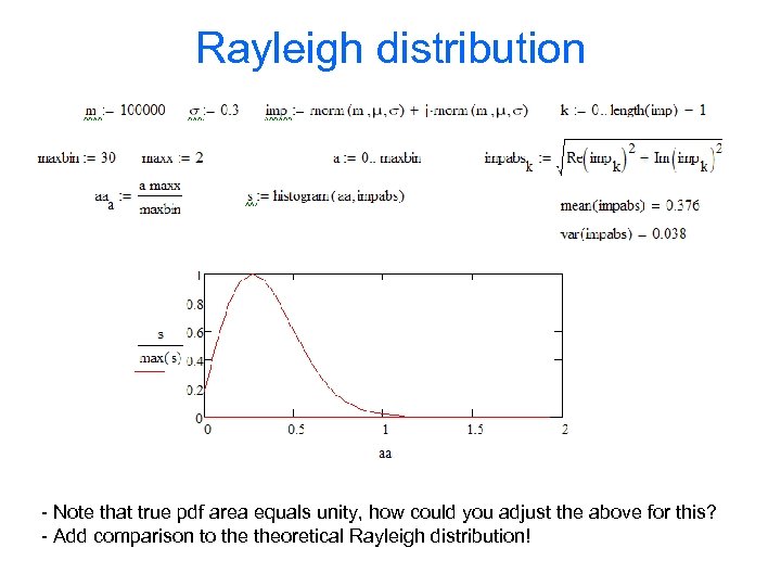 Rayleigh distribution - Note that true pdf area equals unity, how could you adjust