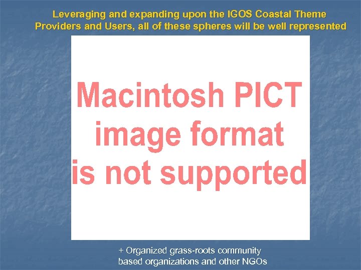 Leveraging and expanding upon the IGOS Coastal Theme Providers and Users, all of these