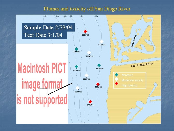 Plumes and toxicity off San Diego River Sample Date 2/28/04 Test Date 3/1/04 Nontoxic