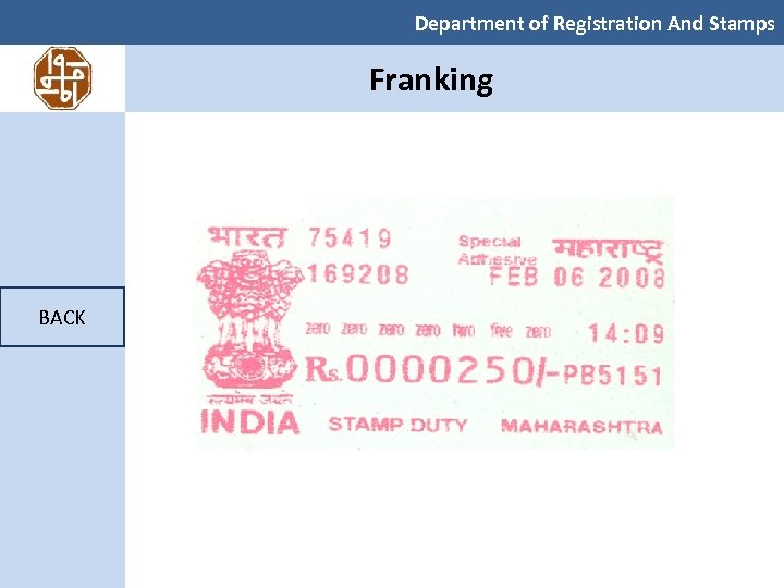 Department of Registration And Stamps Franking BACK 