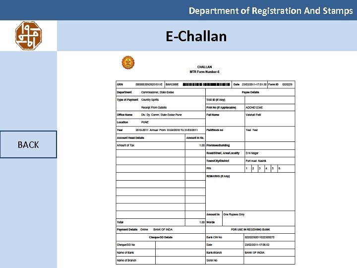 Department of Registration And Stamps E-Challan BACK 