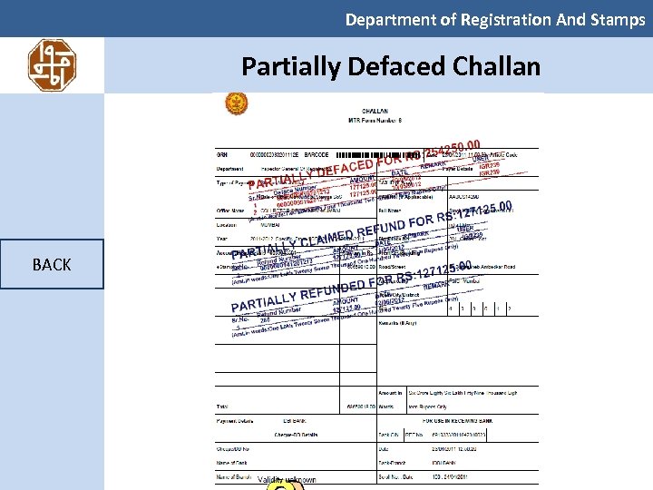 Department of Registration And Stamps Partially Defaced Challan BACK 