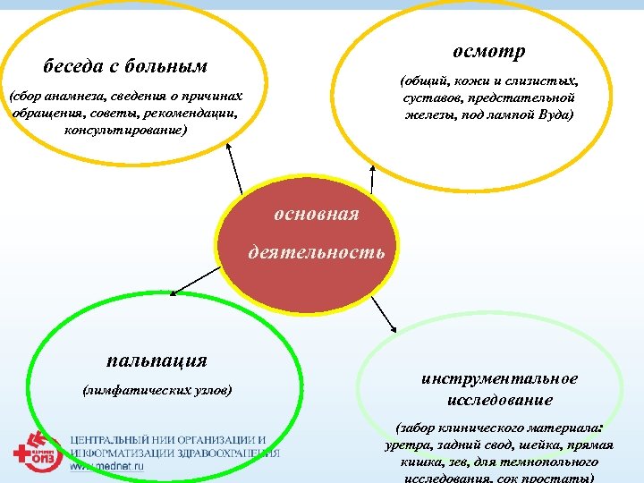 осмотр беседа с больным (общий, кожи и слизистых, суставов, предстательной железы, под лампой Вуда)