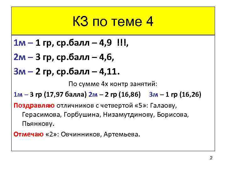 КЗ по теме 4 1 м – 1 гр, ср. балл – 4, 9