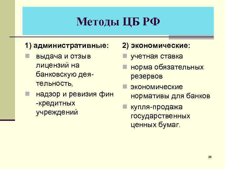 Методы ЦБ РФ 1) административные: n выдача и отзыв лицензий на банковскую деятельность, n