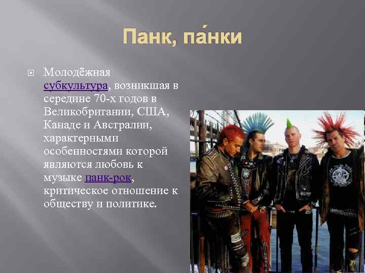 Панк, па нки Молодёжная субкультура, возникшая в середине 70 -х годов в Великобритании, США,
