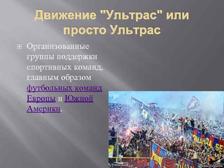 Движение "Ультрас" или просто Ультрас Организованные группы поддержки спортивных команд, главным образом футбольных команд