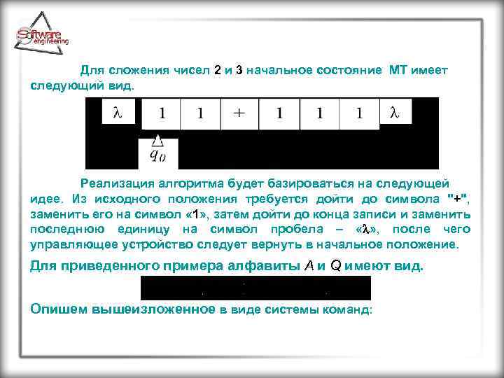 Для сложения чисел 2 и 3 начальное состояние МТ имеет следующий вид. Реализация алгоритма