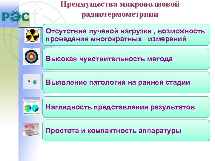 Преимущества микроволновой радиотермометрнии Отсутствие лучевой нагрузки , возможность проведения многократных измерений Высокая чувствительность метода