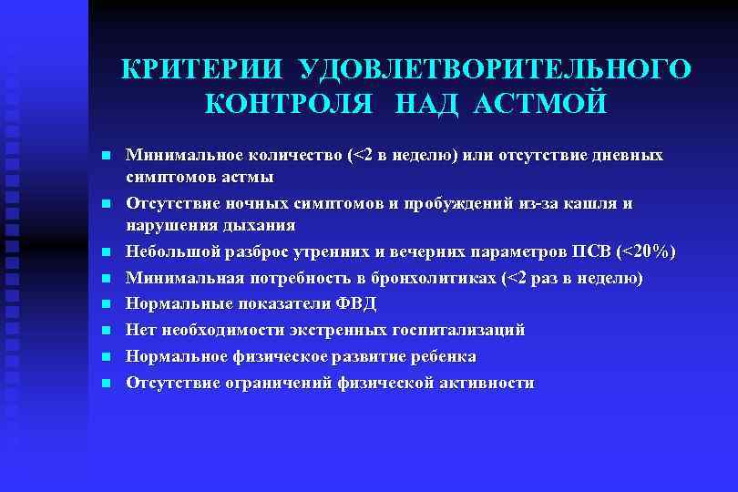 КРИТЕРИИ УДОВЛЕТВОРИТЕЛЬНОГО КОНТРОЛЯ НАД АСТМОЙ n n n n Минимальное количество (<2 в неделю)