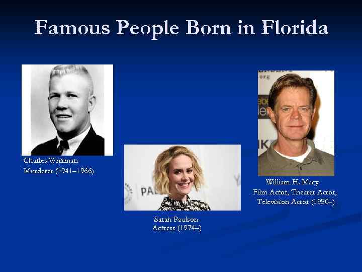 Famous People Born in Florida Charles Whitman Murderer (1941– 1966) William H. Macy Film