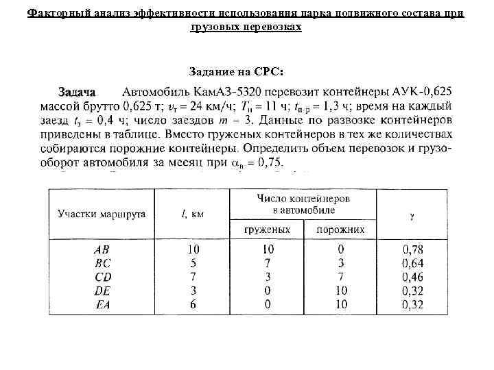 Факторный анализ эффективности использования парка подвижного состава при грузовых перевозках Задание на СРС: 