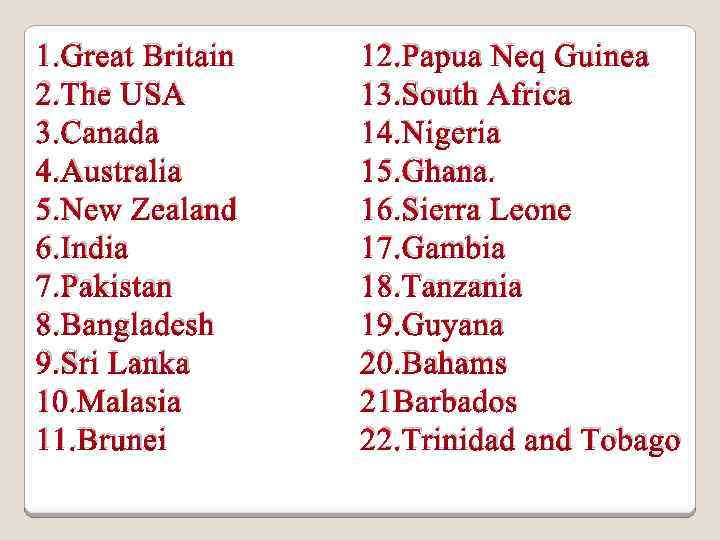 1. Great Britain 2. The USA 3. Canada 4. Australia 5. New Zealand 6.