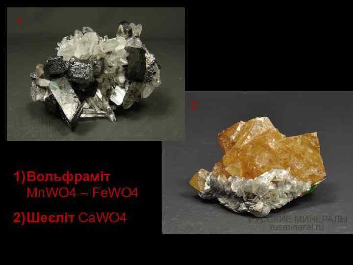 1 2 1) Вольфраміт Mn. WO 4 – Fe. WO 4 2) Шеєліт Ca.