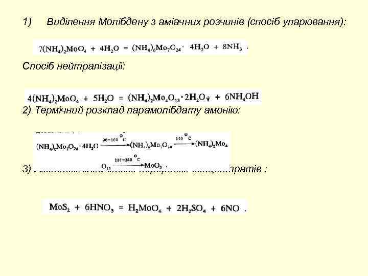 1) Виділення Молібдену з аміачних розчинів (спосіб упарювання): Спосіб нейтралізації: 2) Термічний розклад парамолібдату