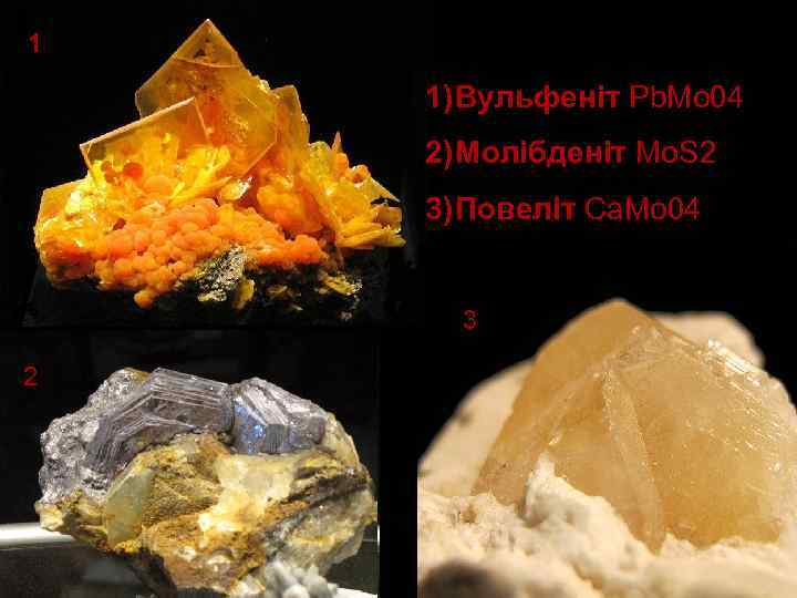 1 1) Вульфеніт Pb. Мо 04 2) Молібденіт Мо. S 2 3) Повеліт Са.