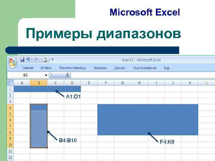 Microsoft Excel Примеры диапазонов A 1: D 1 B 4: B 10 F 4: