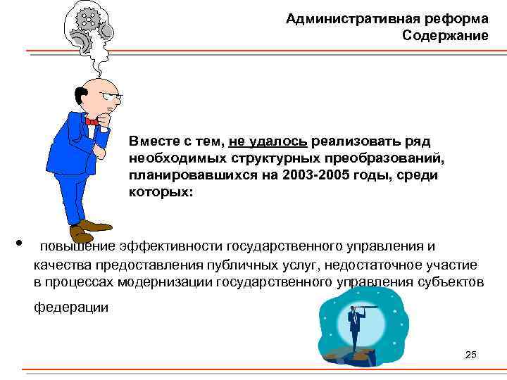 Административная реформа Содержание Вместе с тем, не удалось реализовать ряд необходимых структурных преобразований, планировавшихся