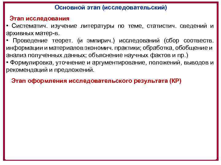 Основной этап (исследовательский) Этап исследования • Систематич. изучение литературы по теме, статистич. сведений и