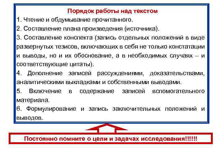 Порядок работы над текстом 1. Чтение и обдумывание прочитанного. 2. Составление плана произведения (источника).