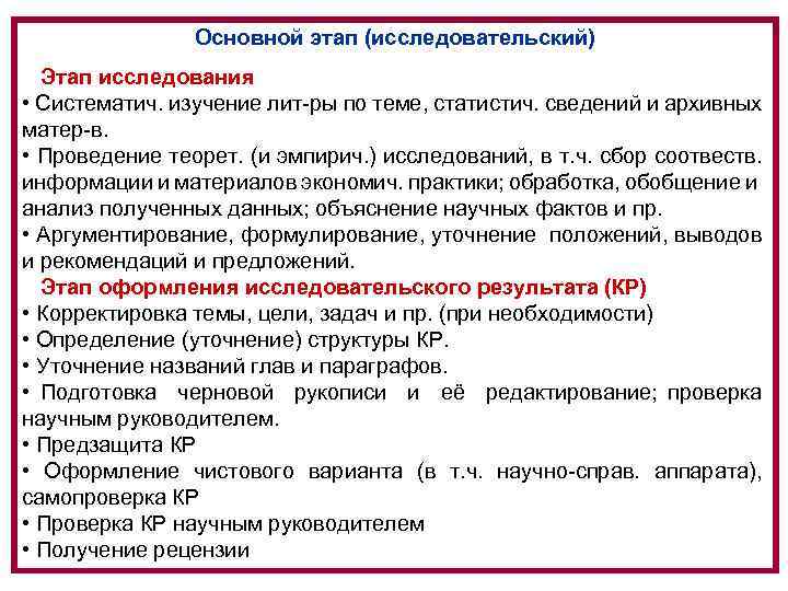 Основной этап (исследовательский) Этап исследования • Систематич. изучение лит-ры по теме, статистич. сведений и