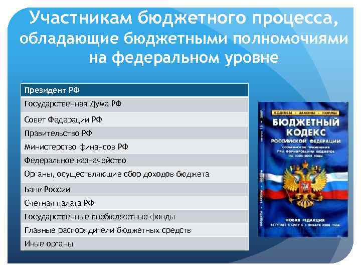 Участникам бюджетного процесса, обладающие бюджетными полномочиями на федеральном уровне Президент РФ Государственная Дума РФ