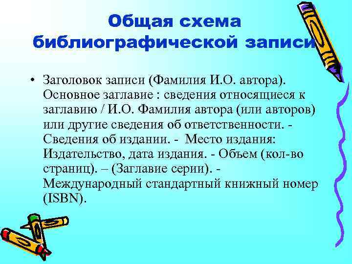 Общая схема библиографической записи • Заголовок записи (Фамилия И. О. автора). Основное заглавие :