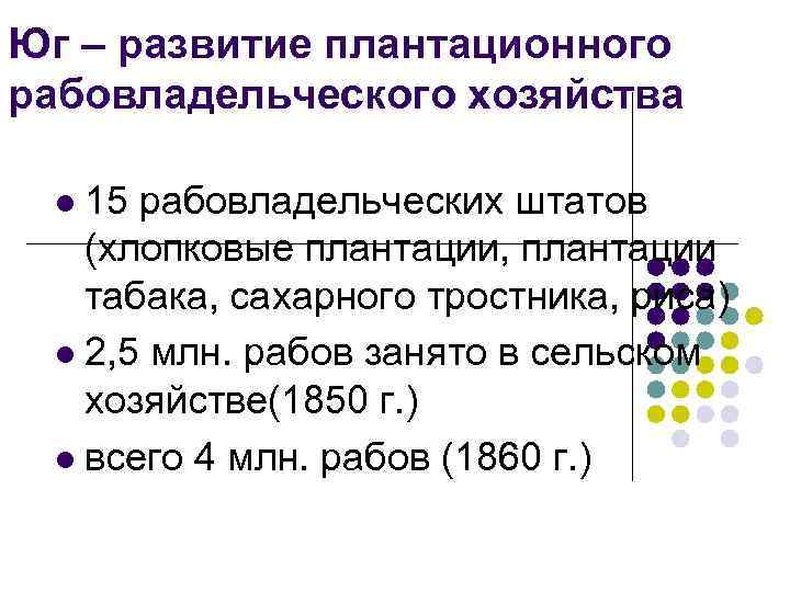 Юг – развитие плантационного рабовладельческого хозяйства 15 рабовладельческих штатов (хлопковые плантации, плантации табака, сахарного