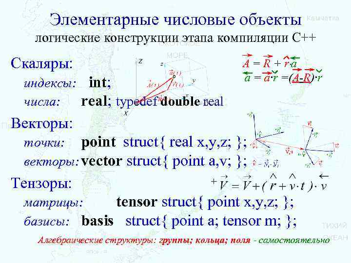 Элементарные числовые объекты логические конструкции этапа компиляции С++ Скаляры: индексы: int; числа: real; typedef
