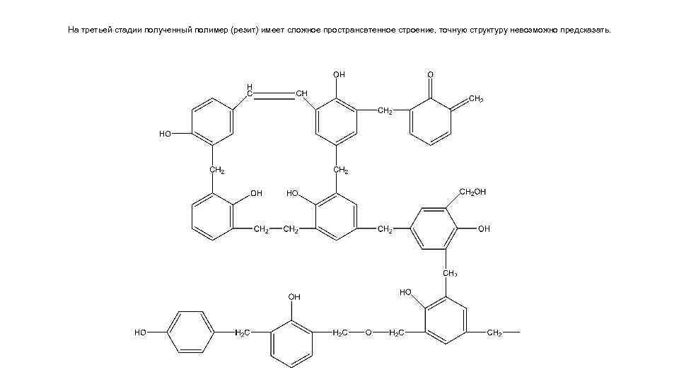 На третьей стадии полученный полимер (резит) имеет сложное пространсвтенное строение, точную структуру невозможно предсказать.