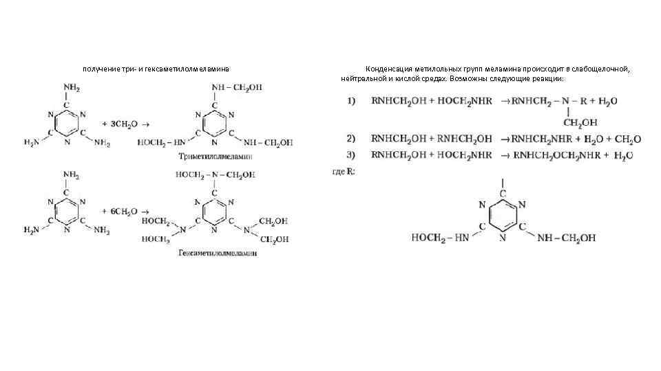 получение три- и гексаметилолмеламина Конденсация метилольных групп меламина происходит в слабощелочной, нейтральной и кислой