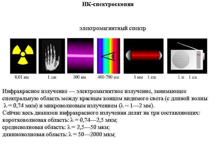 ИК-спектроскопия электромагнитный спектр Инфракрасное излучение — электромагнитное излучение, занимающее спектральную область между красным концом