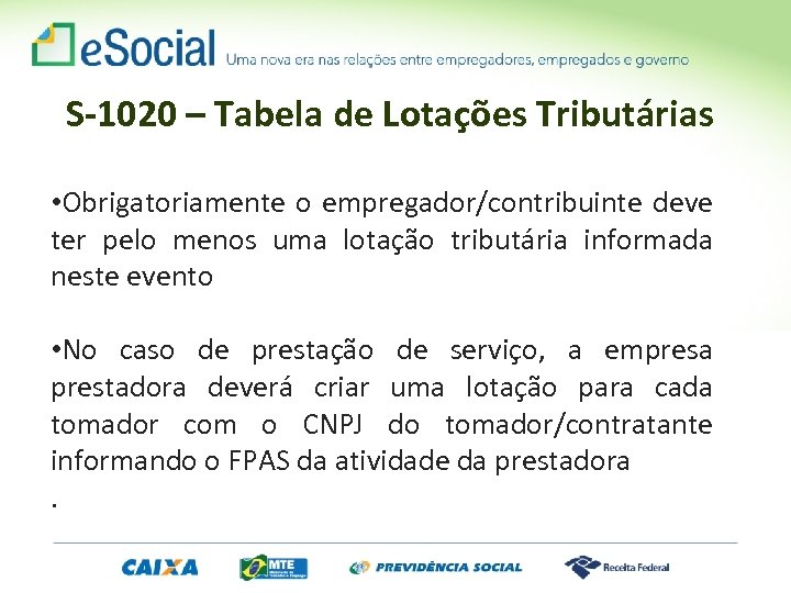 S-1020 – Tabela de Lotações Tributárias • Obrigatoriamente o empregador/contribuinte deve ter pelo menos