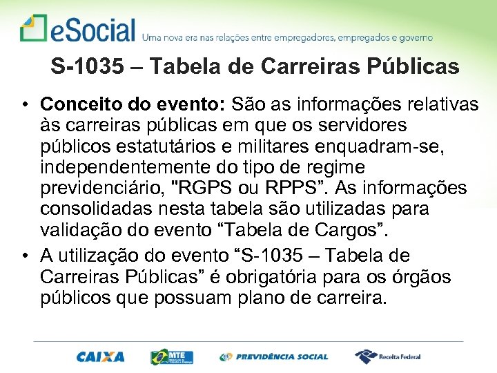 S-1035 – Tabela de Carreiras Públicas • Conceito do evento: São as informações relativas