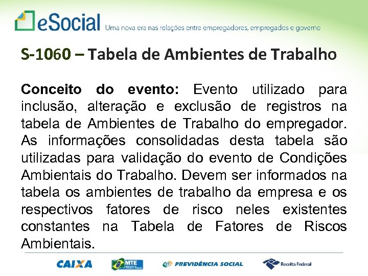 S-1060 – Tabela de Ambientes de Trabalho Conceito do evento: Evento utilizado para inclusão,